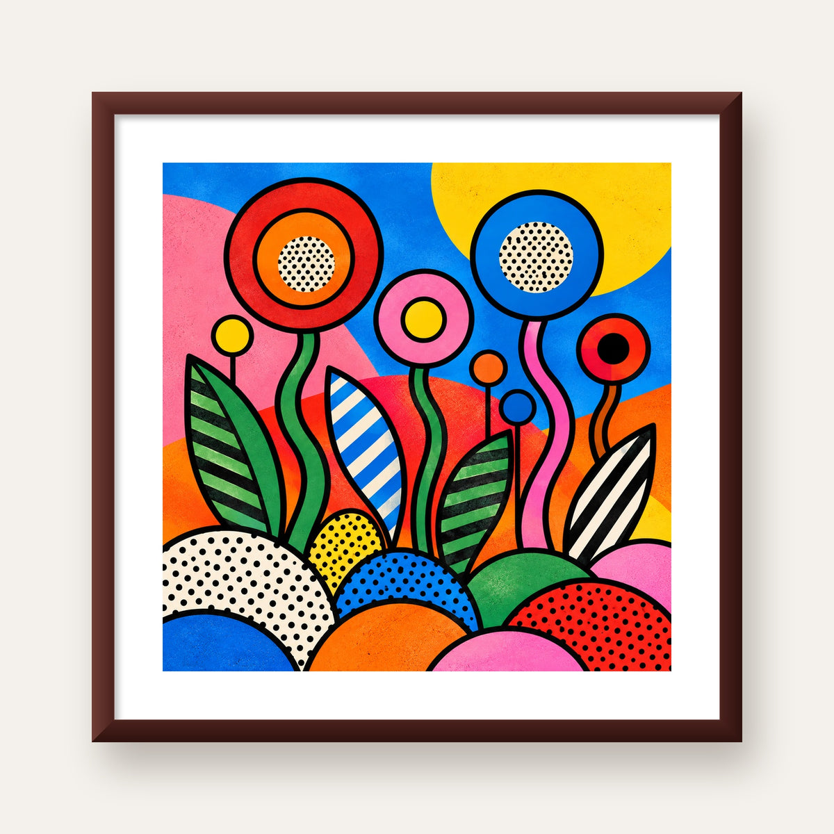 Renkli Soyut Çiçekler Pop Art Poster – Canlı Modern Duvar Dekoru — ceviz çerçeveli paspartulu