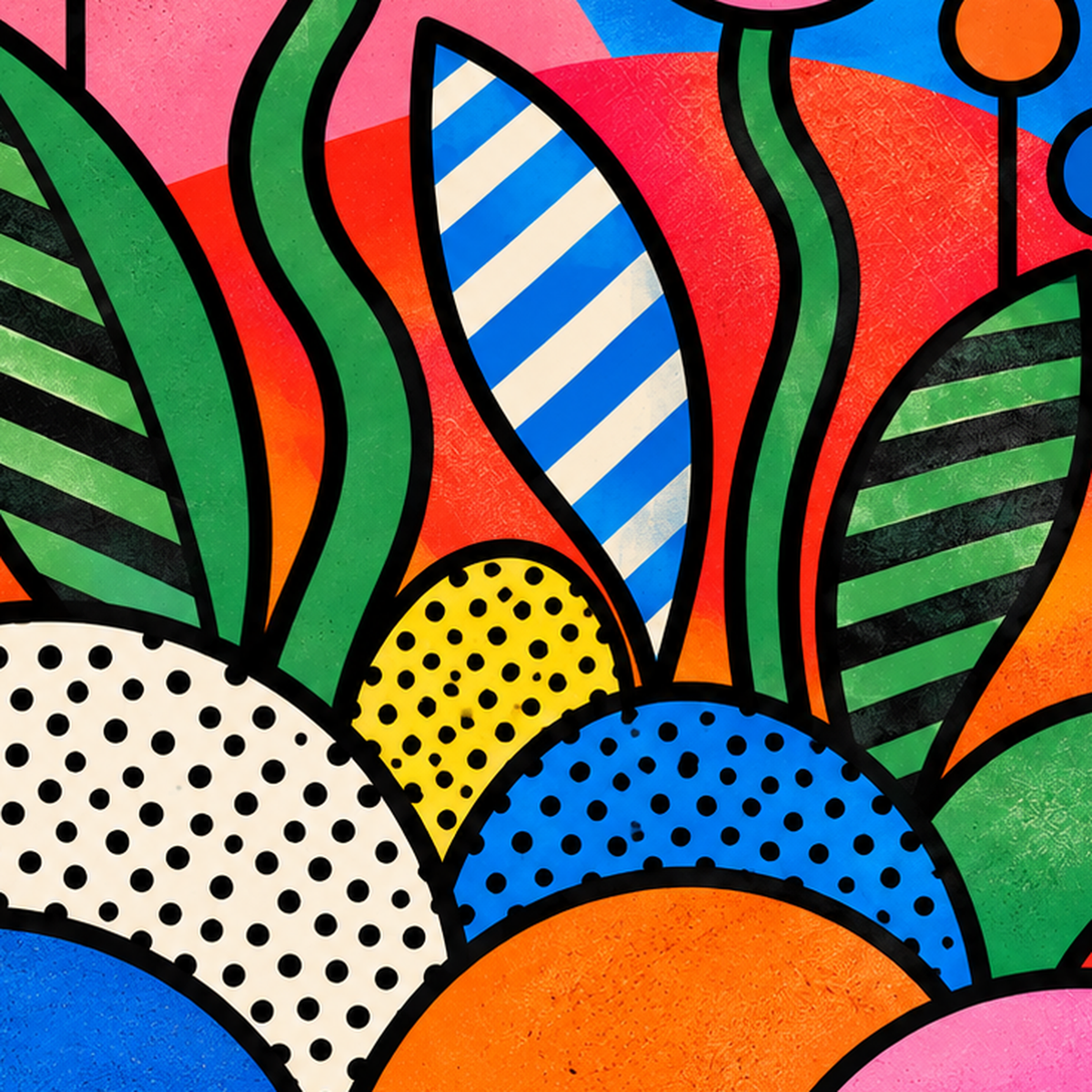 Renkli Soyut Çiçekler Pop Art Poster – Canlı Modern Duvar Dekoru — baskının yakın çekimi, kâğıt dokusu ve renk detayı