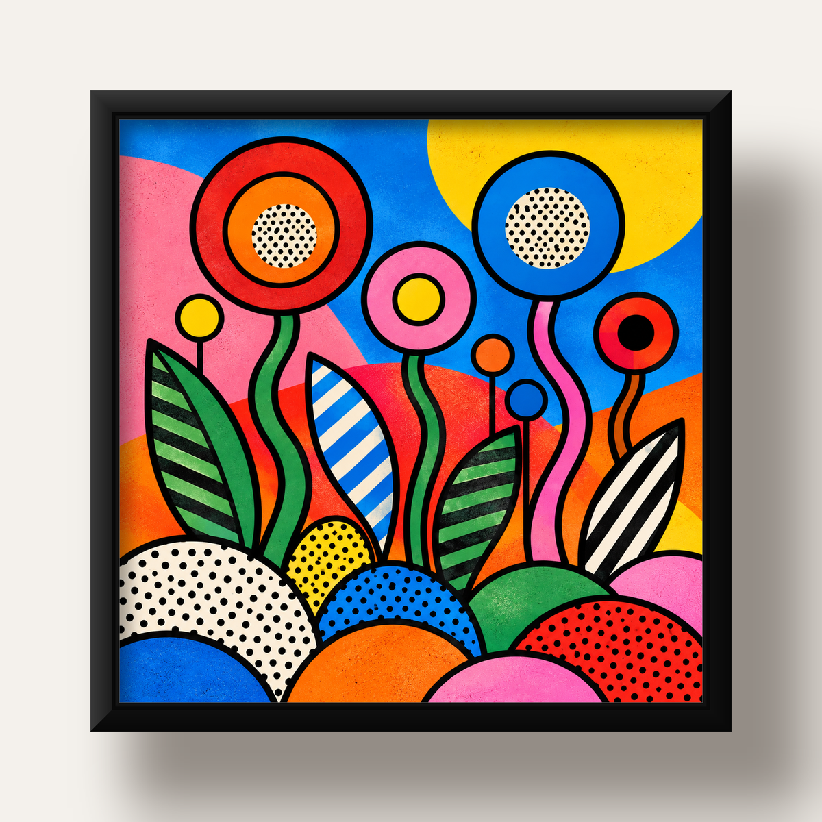Renkli Soyut Çiçekler Pop Art Poster – Canlı Modern Duvar Dekoru — siyah derin çerçeveli