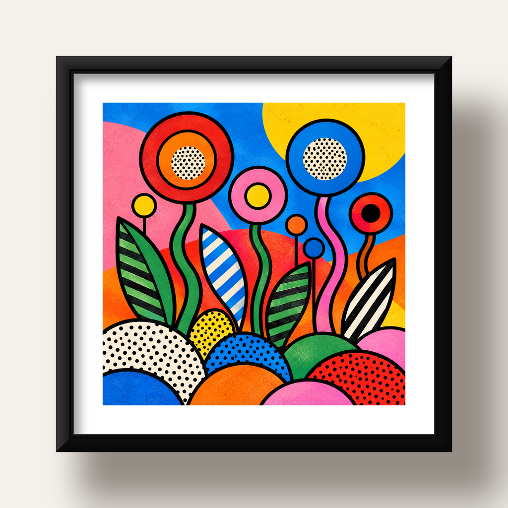 Renkli Soyut Çiçekler Pop Art Poster – Canlı Modern Duvar Dekoru — siyah derin çerçeveli paspartulu