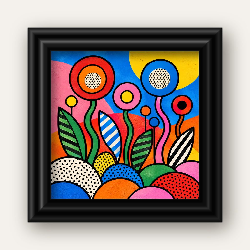 Renkli Soyut Çiçekler Pop Art Poster – Canlı Modern Duvar Dekoru — siyah galeri çerçeveli