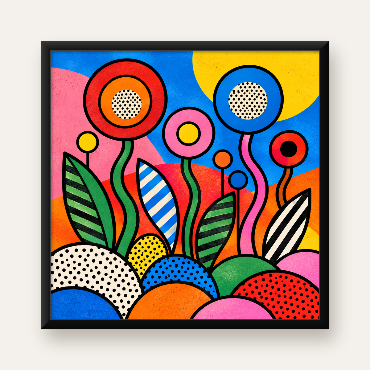 Renkli Soyut Çiçekler Pop Art Poster – Canlı Modern Duvar Dekoru — Kare baskı, düz siyah çerçeveli duvar posteri