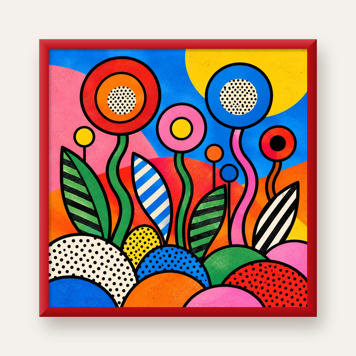 Renkli Soyut Çiçekler Pop Art Poster – Canlı Modern Duvar Dekoru — kırmızı çerçeveli