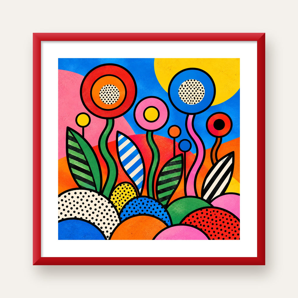 Renkli Soyut Çiçekler Pop Art Poster – Canlı Modern Duvar Dekoru — kırmızı çerçeveli paspartulu