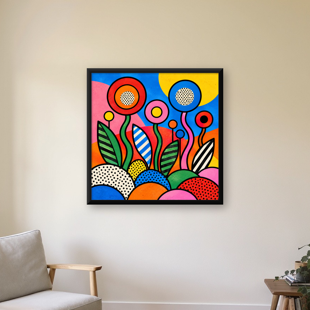 Renkli Soyut Çiçekler Pop Art Poster – Canlı Modern Duvar Dekoru — Kare baskı, çerçeveli hâliyle bir ev duvarında