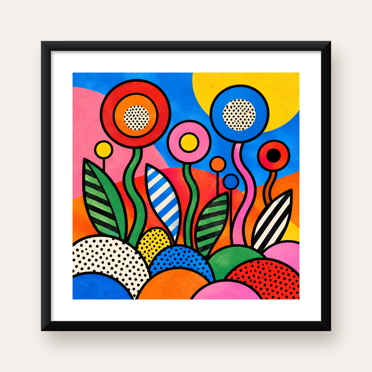 Renkli Soyut Çiçekler Pop Art Poster – Canlı Modern Duvar Dekoru — Kare baskı, beyaz paspartulu