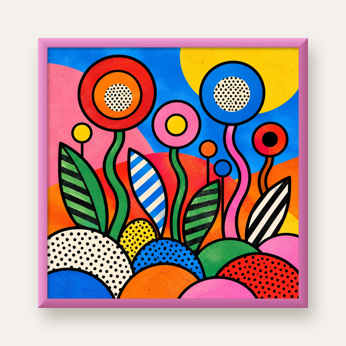 Renkli Soyut Çiçekler Pop Art Poster – Canlı Modern Duvar Dekoru — pembe çerçeveli