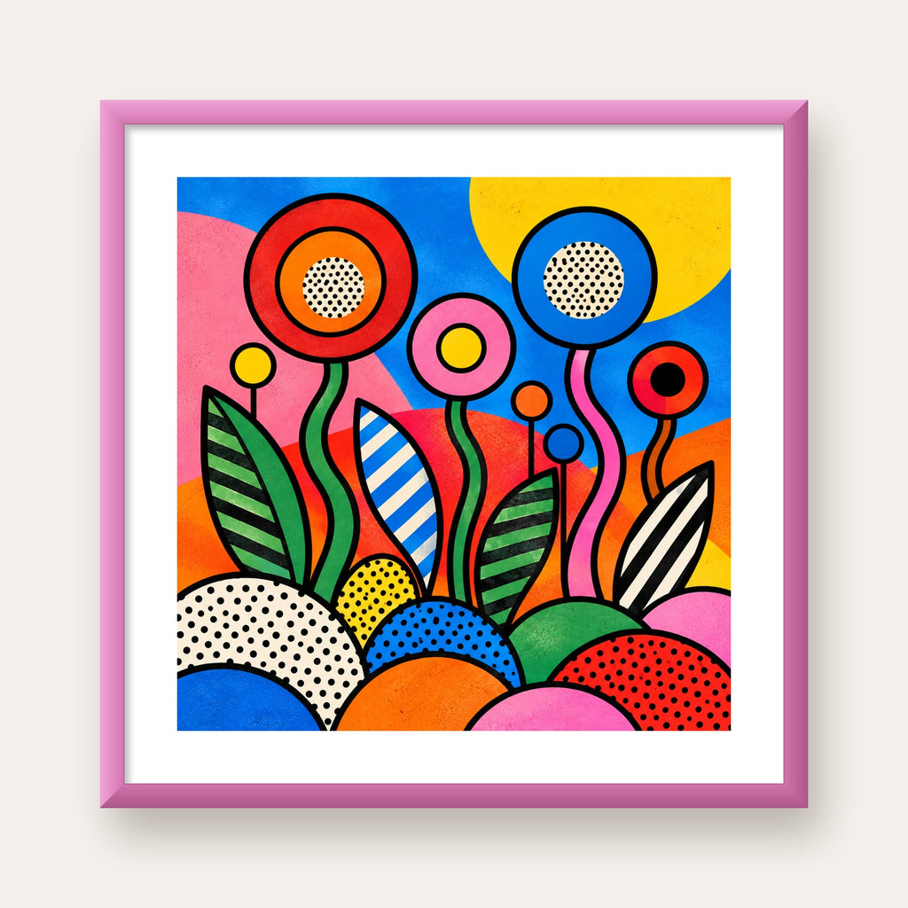 Renkli Soyut Çiçekler Pop Art Poster – Canlı Modern Duvar Dekoru — pembe çerçeveli paspartulu