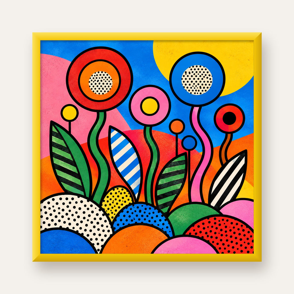 Renkli Soyut Çiçekler Pop Art Poster – Canlı Modern Duvar Dekoru — sarı çerçeveli