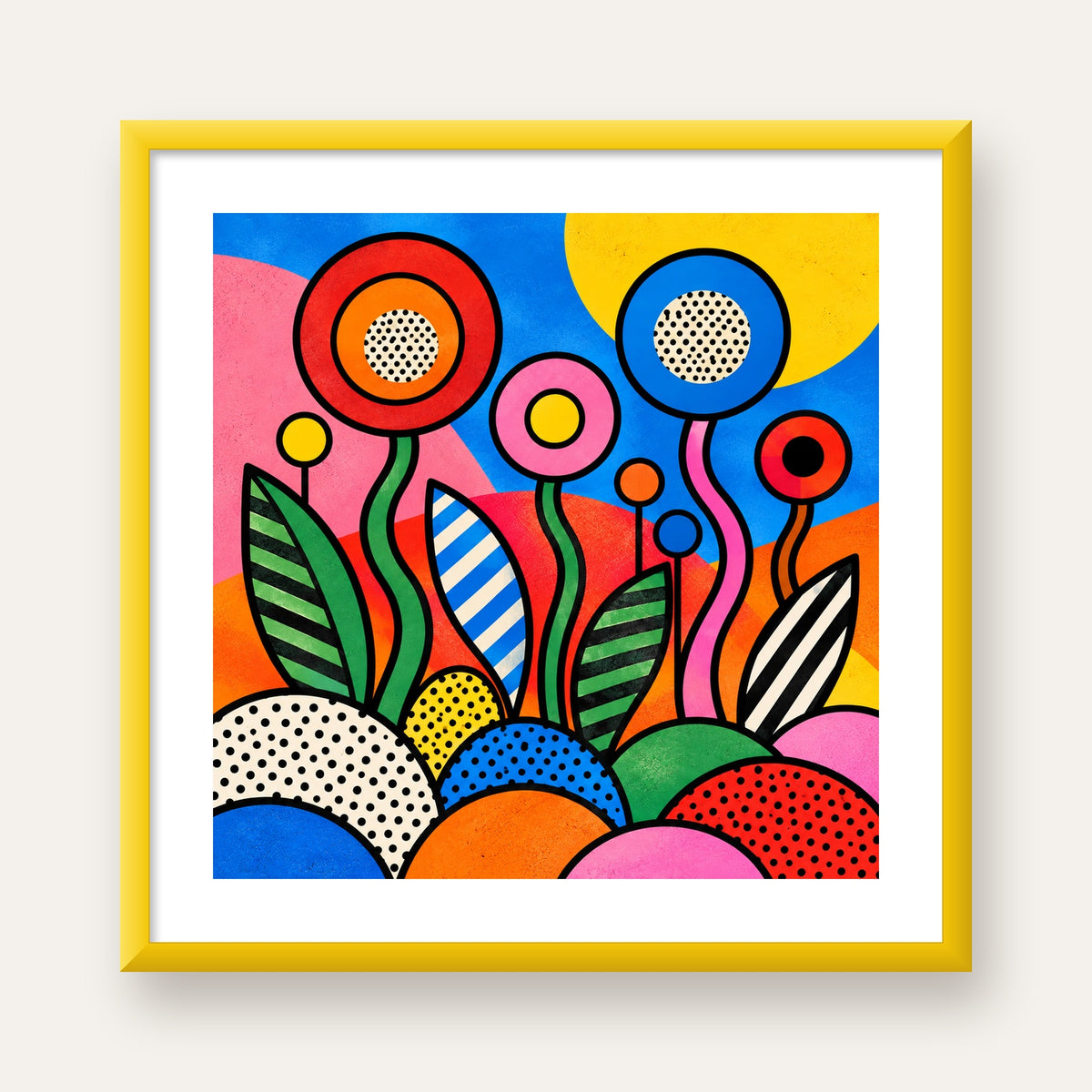 Renkli Soyut Çiçekler Pop Art Poster – Canlı Modern Duvar Dekoru — sarı çerçeveli paspartulu