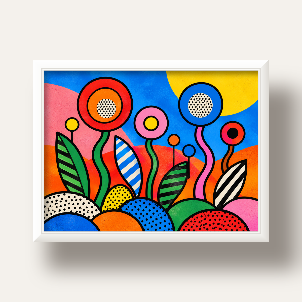 Renkli Soyut Çiçekler Pop Art Poster – Canlı Modern Duvar Dekoru — beyaz derin çerçeveli