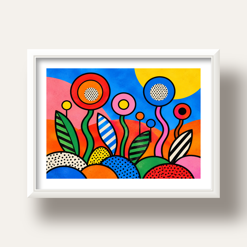 Renkli Soyut Çiçekler Pop Art Poster – Canlı Modern Duvar Dekoru — beyaz derin çerçeveli paspartulu