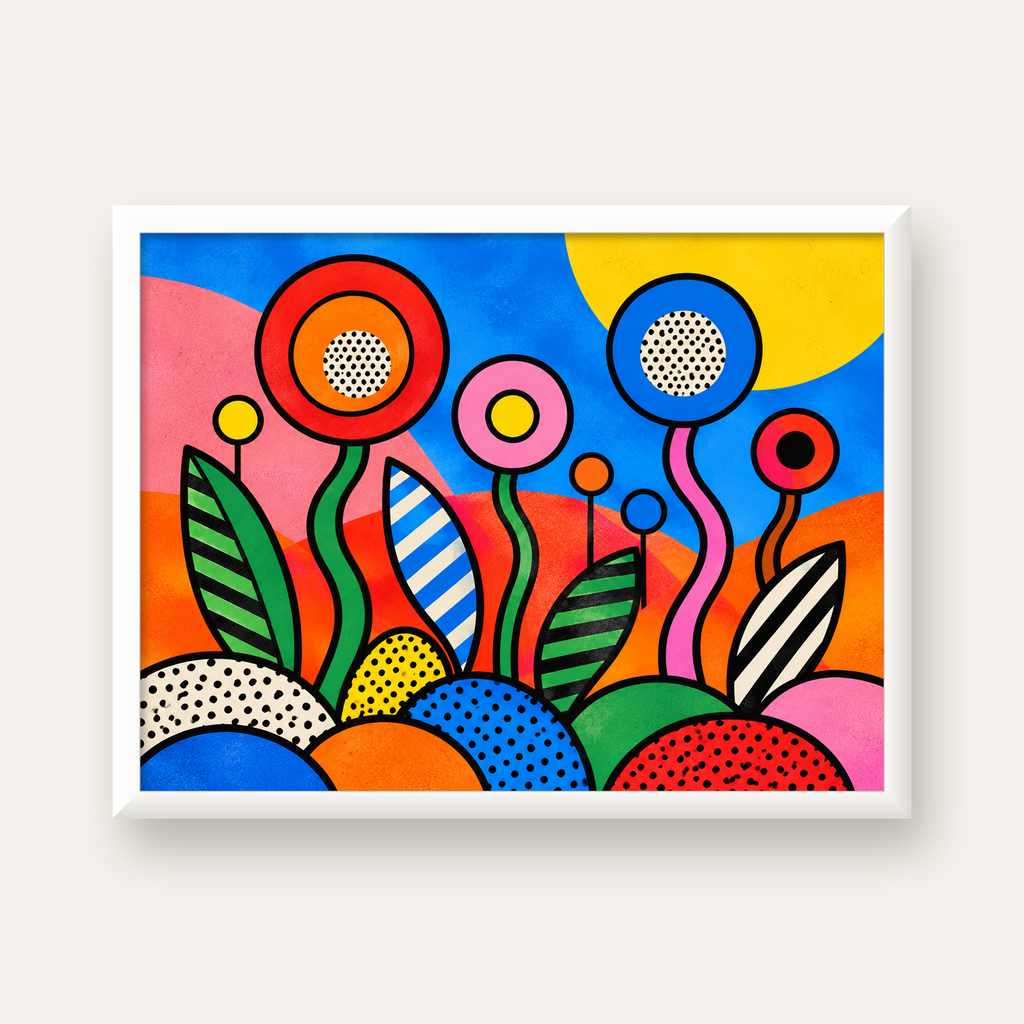 Renkli Soyut Çiçekler Pop Art Poster – Canlı Modern Duvar Dekoru — beyaz çerçeveli yatay poster