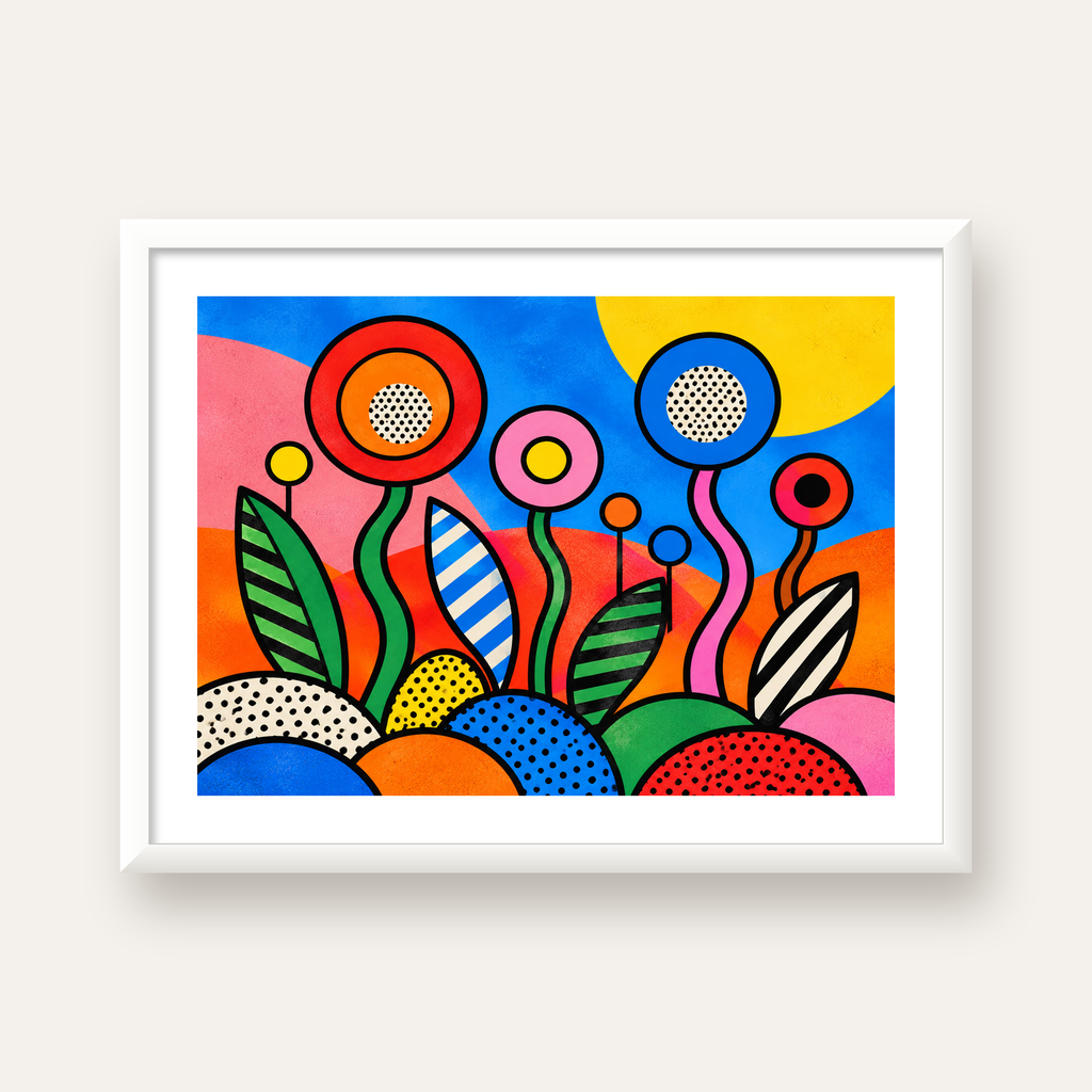 Renkli Soyut Çiçekler Pop Art Poster – Canlı Modern Duvar Dekoru — beyaz çerçeveli yatay poster