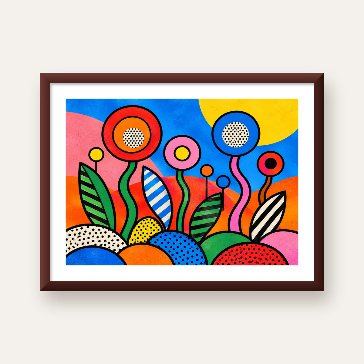 Renkli Soyut Çiçekler Pop Art Poster – Canlı Modern Duvar Dekoru — ceviz çerçeveli paspartulu