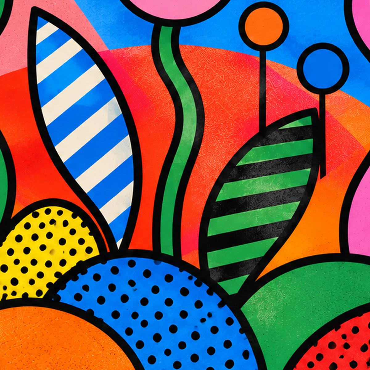 Renkli Soyut Çiçekler Pop Art Poster – Canlı Modern Duvar Dekoru — baskının yakın çekimi, kâğıt dokusu ve renk detayı