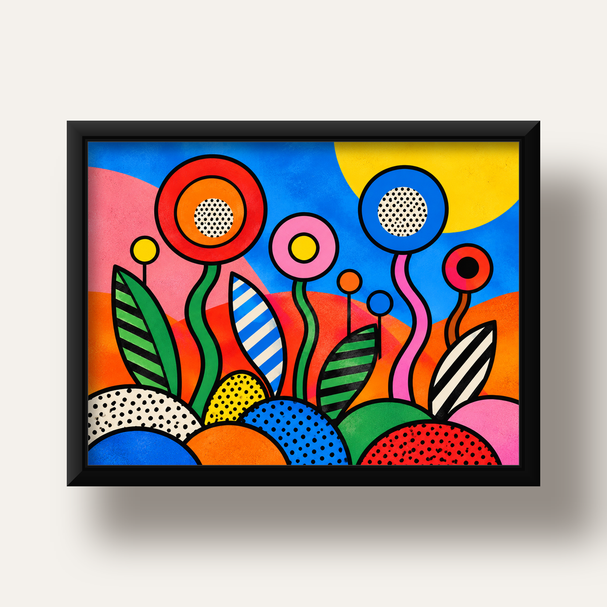 Renkli Soyut Çiçekler Pop Art Poster – Canlı Modern Duvar Dekoru — siyah derin çerçeveli