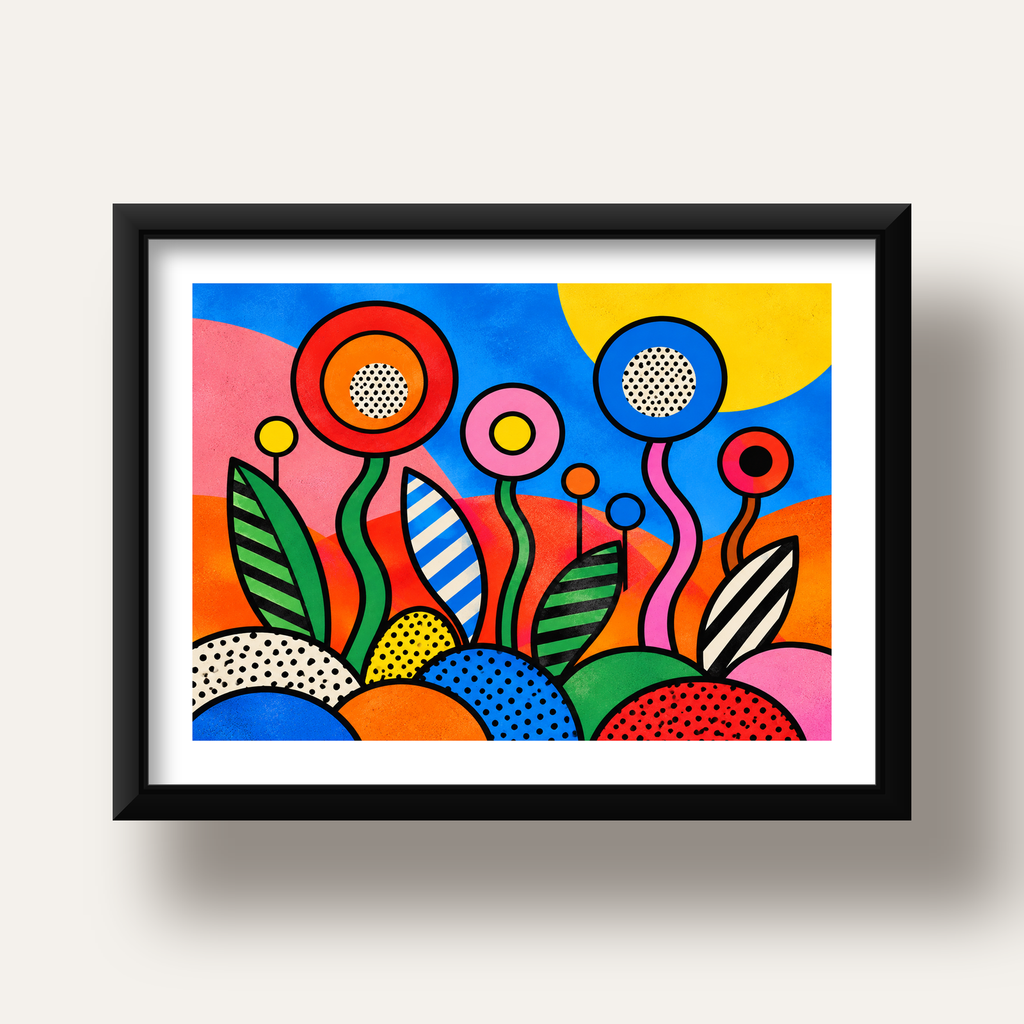 Renkli Soyut Çiçekler Pop Art Poster – Canlı Modern Duvar Dekoru — siyah derin çerçeveli paspartulu