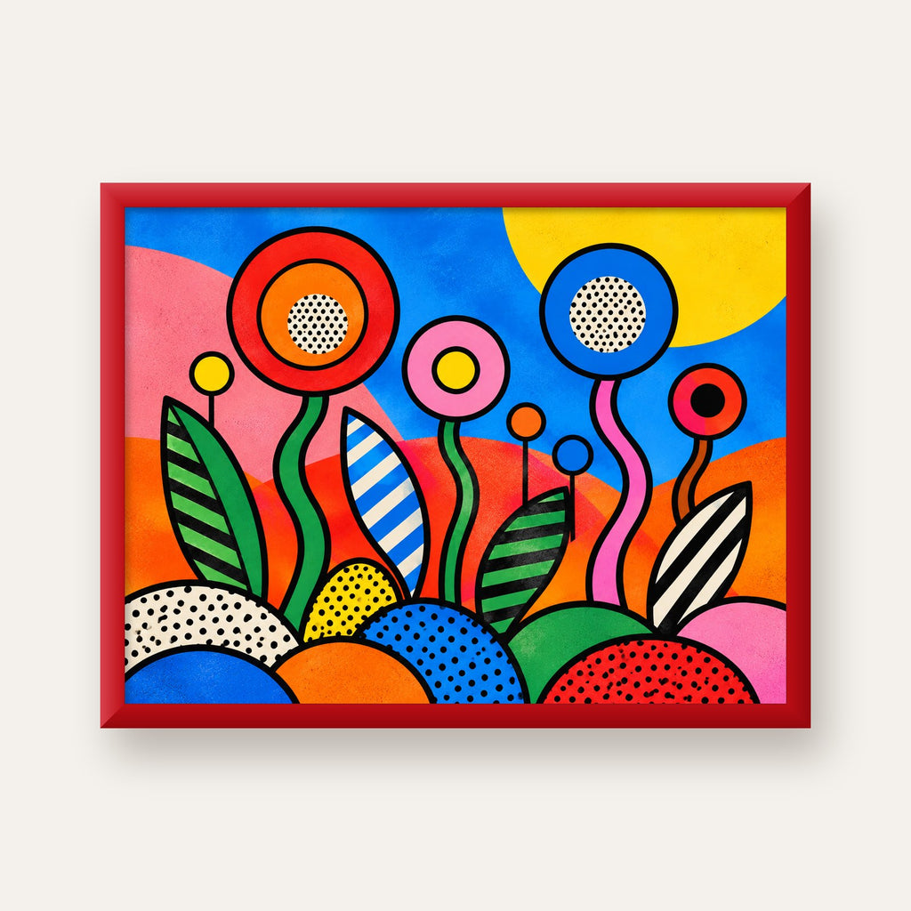 Renkli Soyut Çiçekler Pop Art Poster – Canlı Modern Duvar Dekoru — kırmızı çerçeveli
