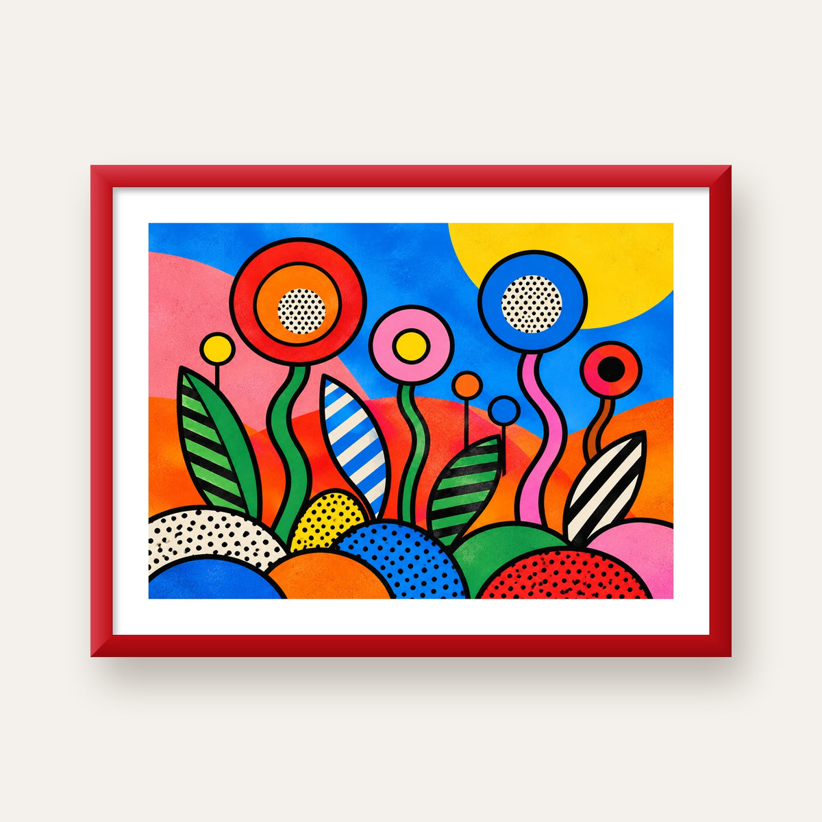 Renkli Soyut Çiçekler Pop Art Poster – Canlı Modern Duvar Dekoru — kırmızı çerçeveli paspartulu