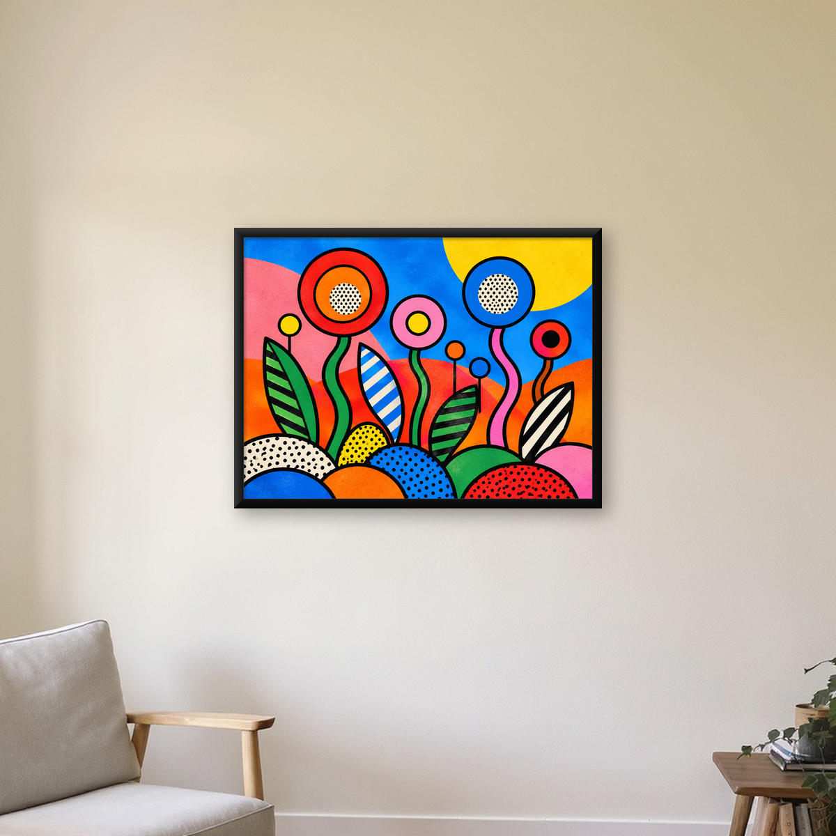 Renkli Soyut Çiçekler Pop Art Poster – Canlı Modern Duvar Dekoru — Yatay baskı, çerçeveli hâliyle bir ev duvarında