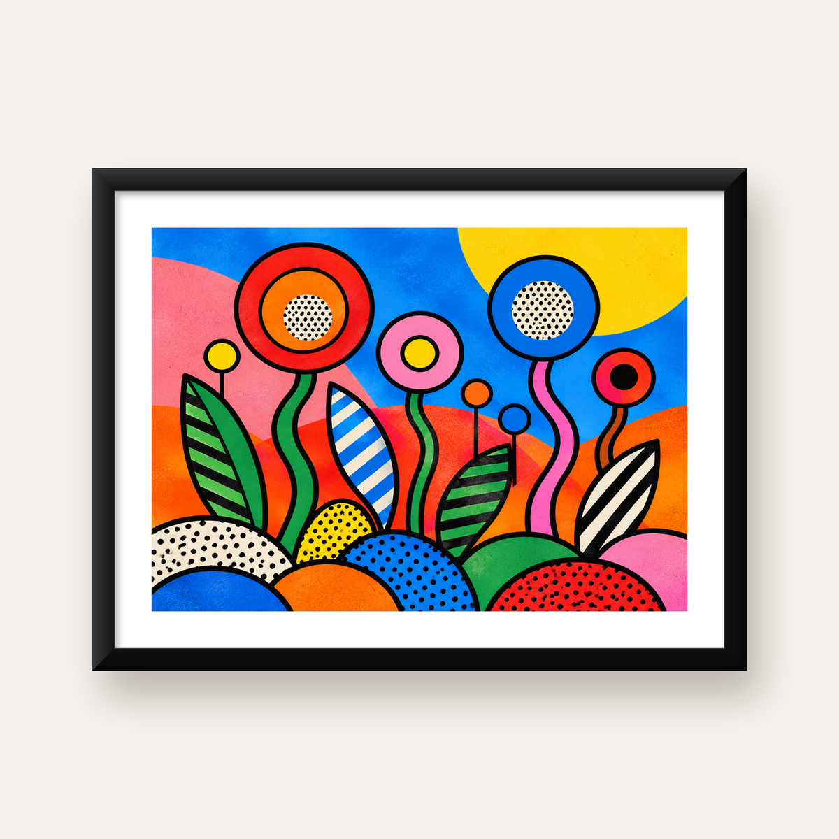 Renkli Soyut Çiçekler Pop Art Poster – Canlı Modern Duvar Dekoru — Yatay baskı, beyaz paspartulu