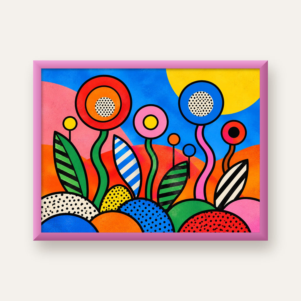 Renkli Soyut Çiçekler Pop Art Poster – Canlı Modern Duvar Dekoru — pembe çerçeveli