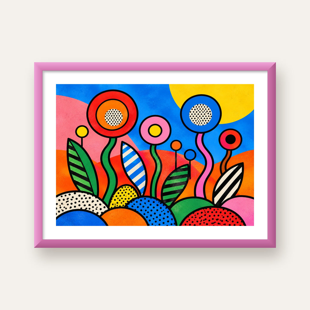 Renkli Soyut Çiçekler Pop Art Poster – Canlı Modern Duvar Dekoru — pembe çerçeveli paspartulu