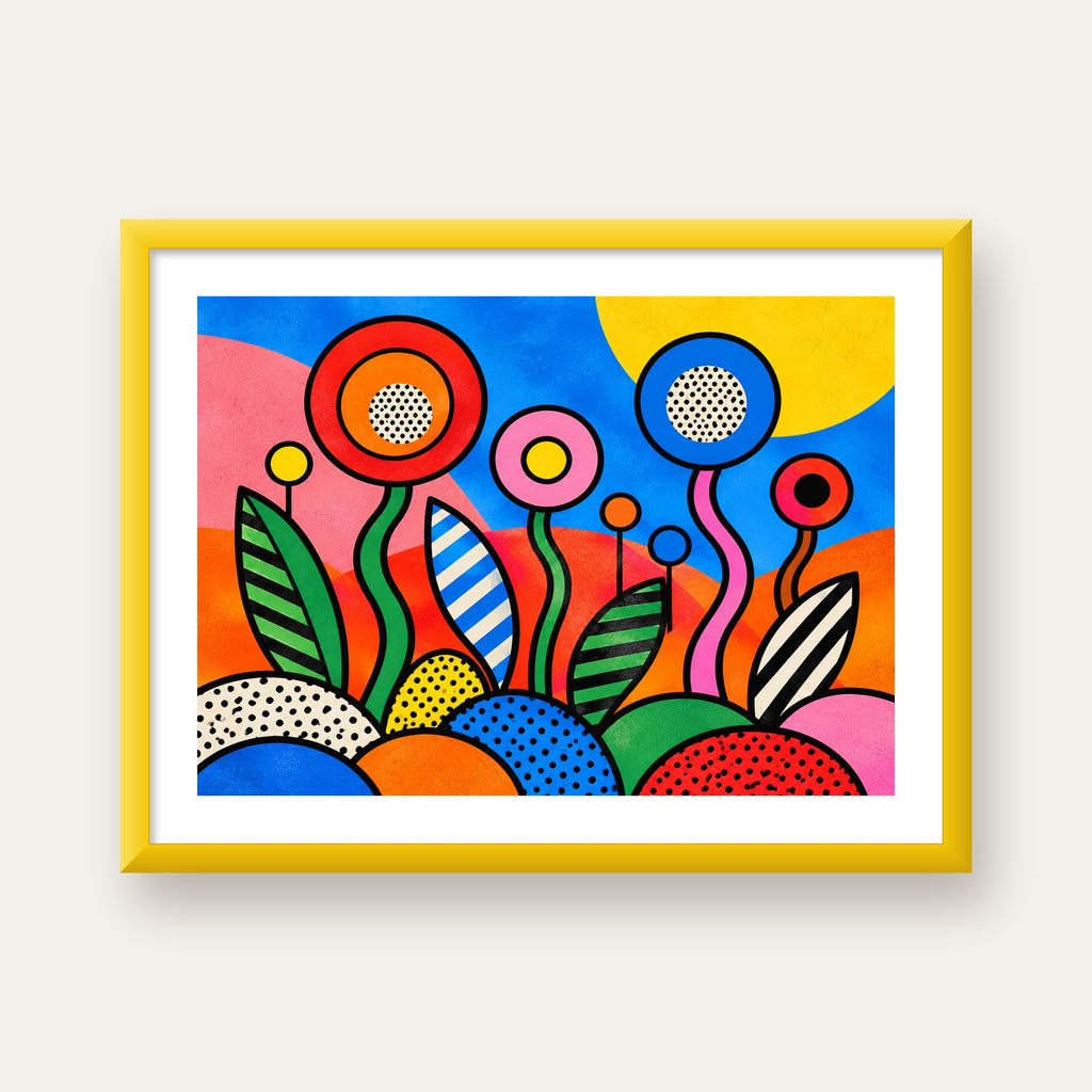 Renkli Soyut Çiçekler Pop Art Poster – Canlı Modern Duvar Dekoru — sarı çerçeveli paspartulu