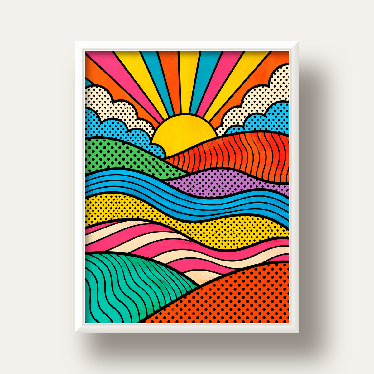 Pop Art Manzara ve Güneş Poster – Renkli Çizgi Roman Tasarım — beyaz derin çerçeveli