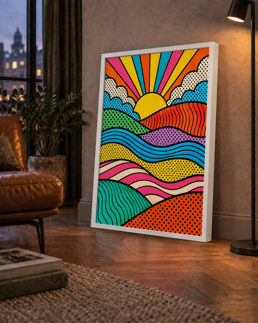 Pop Art Manzara ve Güneş Poster – Renkli Çizgi Roman Tasarım — çerçeveli hâliyle bir ev duvarında