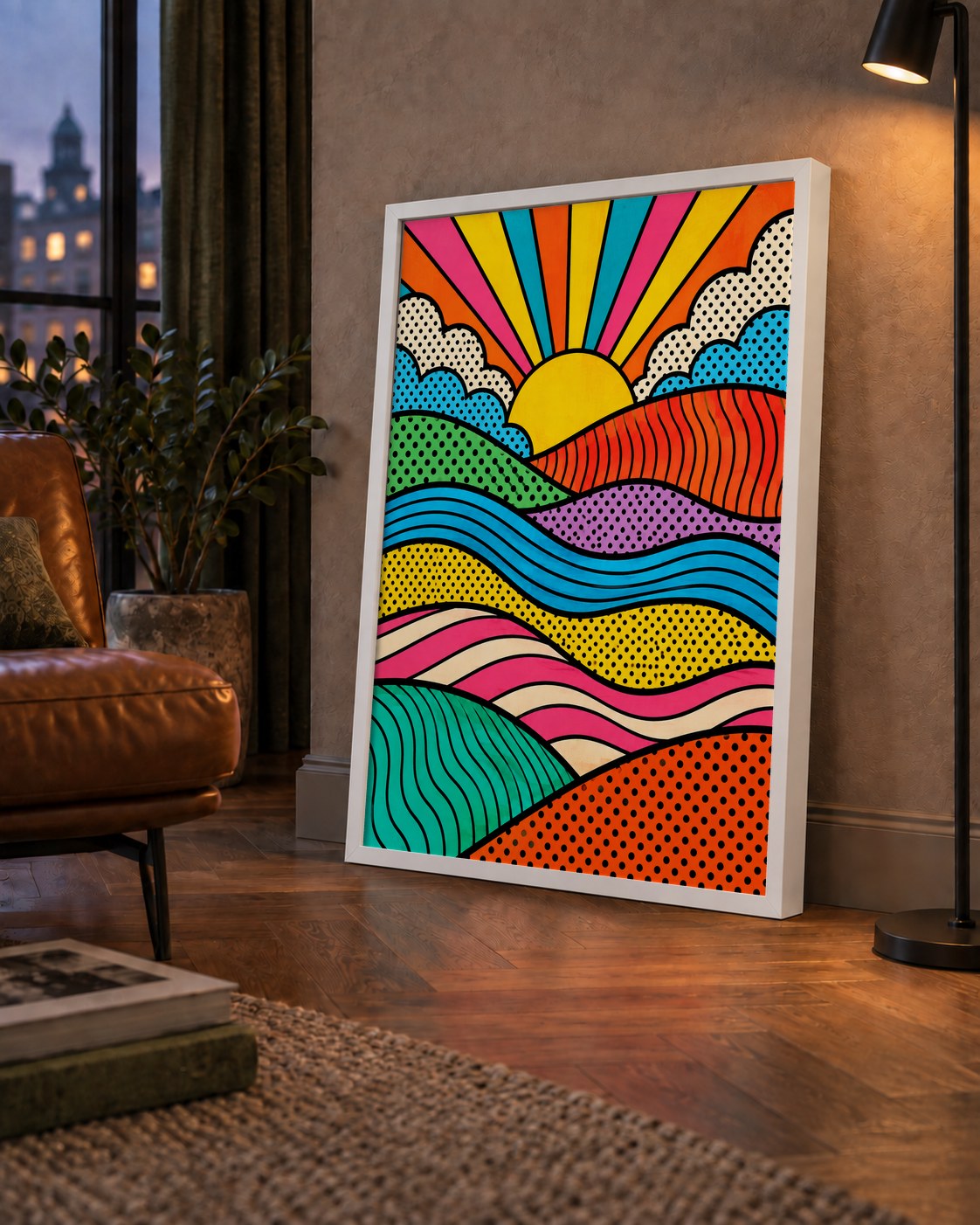 Pop Art Manzara ve Güneş Poster – Renkli Çizgi Roman Tasarım — çerçeveli hâliyle bir ev duvarında