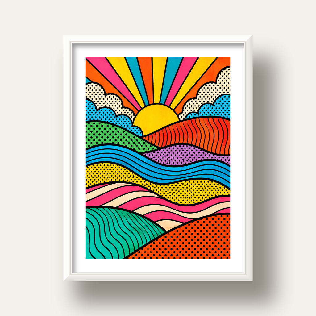 Pop Art Manzara ve Güneş Poster – Renkli Çizgi Roman Tasarım — beyaz derin çerçeveli paspartulu