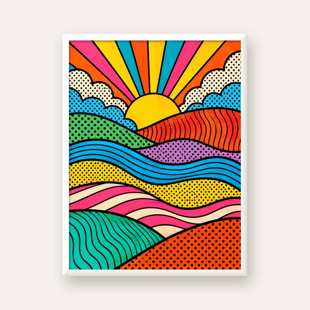 Pop Art Manzara ve Güneş Poster – Renkli Çizgi Roman Tasarım — beyaz çerçeveli dikey poster