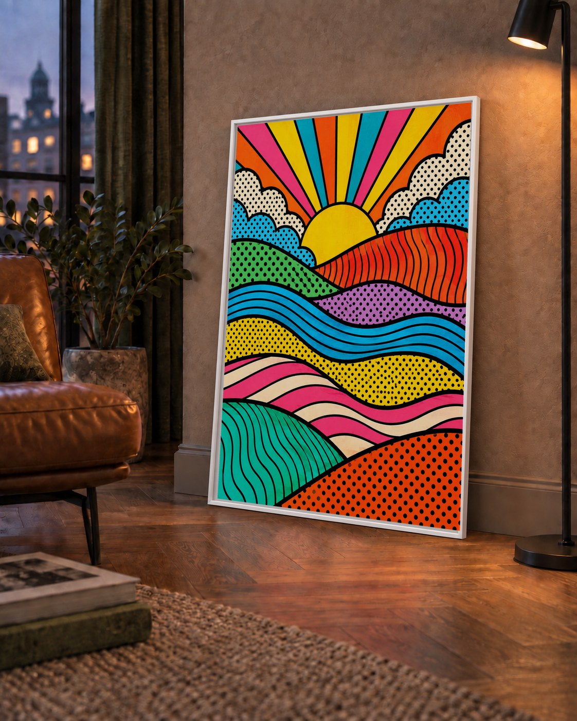 Pop Art Manzara ve Güneş Poster – Renkli Çizgi Roman Tasarım — çerçeveli hâliyle bir ev duvarında