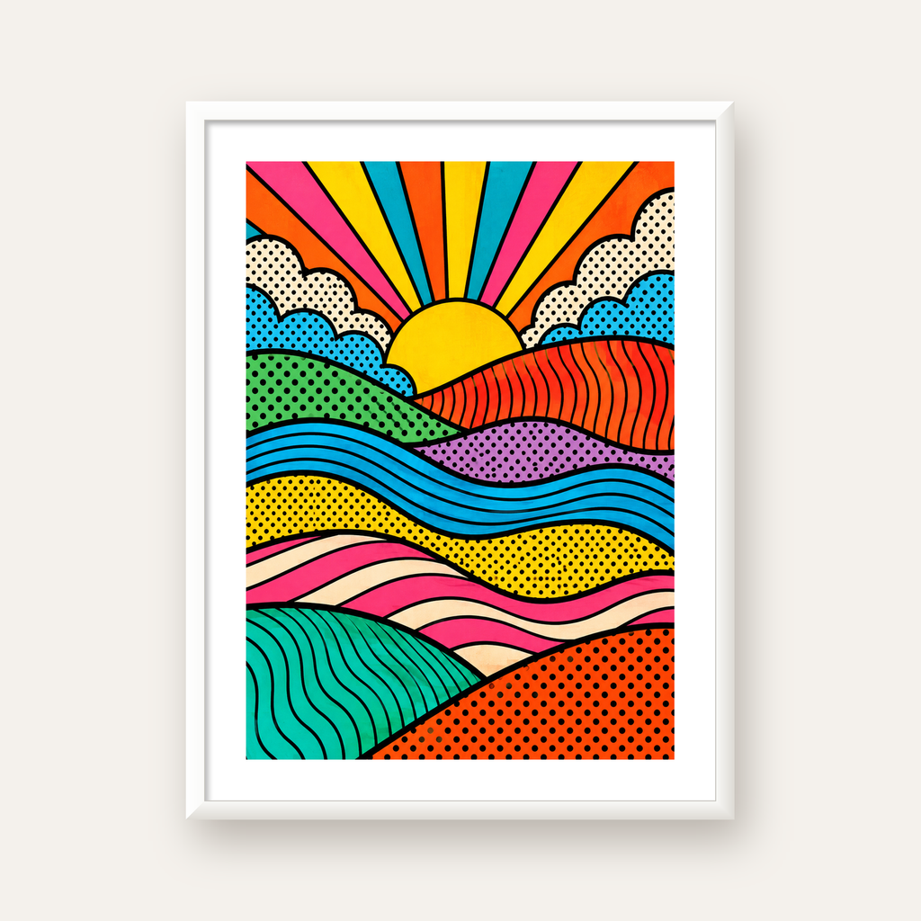 Pop Art Manzara ve Güneş Poster – Renkli Çizgi Roman Tasarım — beyaz çerçeveli dikey poster