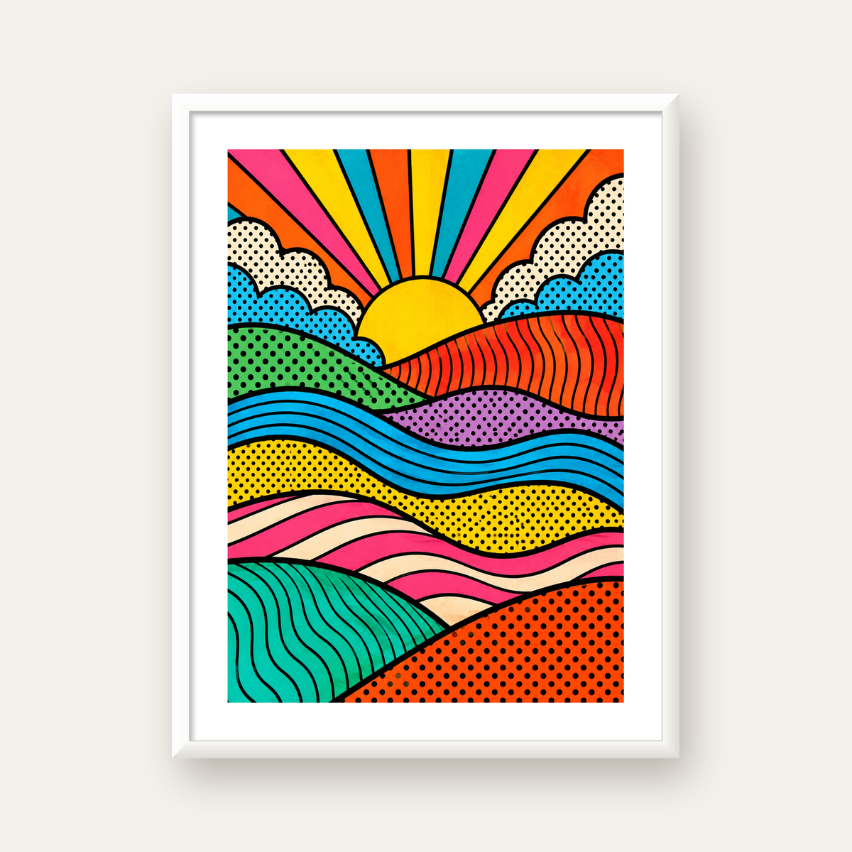 Pop Art Manzara ve Güneş Poster – Renkli Çizgi Roman Tasarım — beyaz çerçeveli dikey poster
