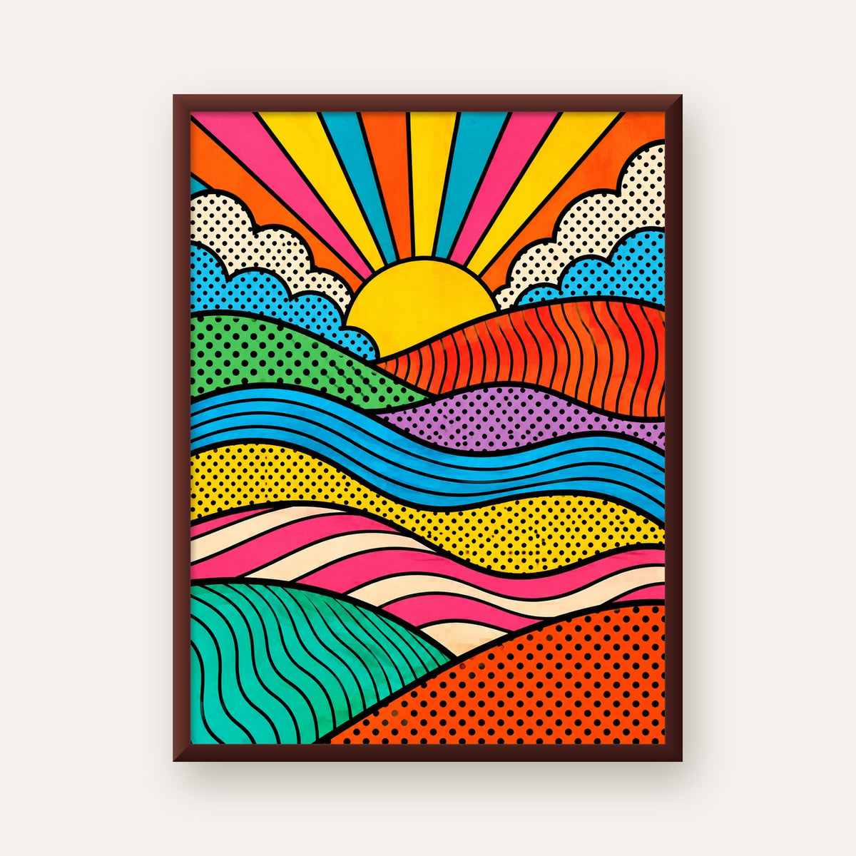 Pop Art Manzara ve Güneş Poster – Renkli Çizgi Roman Tasarım — ceviz çerçeveli