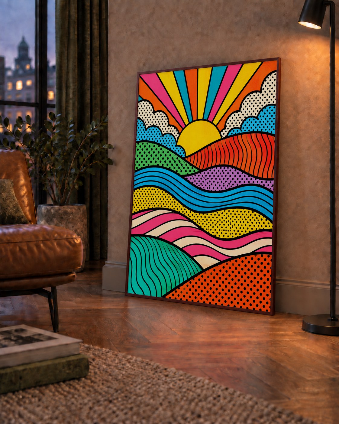 Pop Art Manzara ve Güneş Poster – Renkli Çizgi Roman Tasarım — çerçeveli hâliyle bir ev duvarında