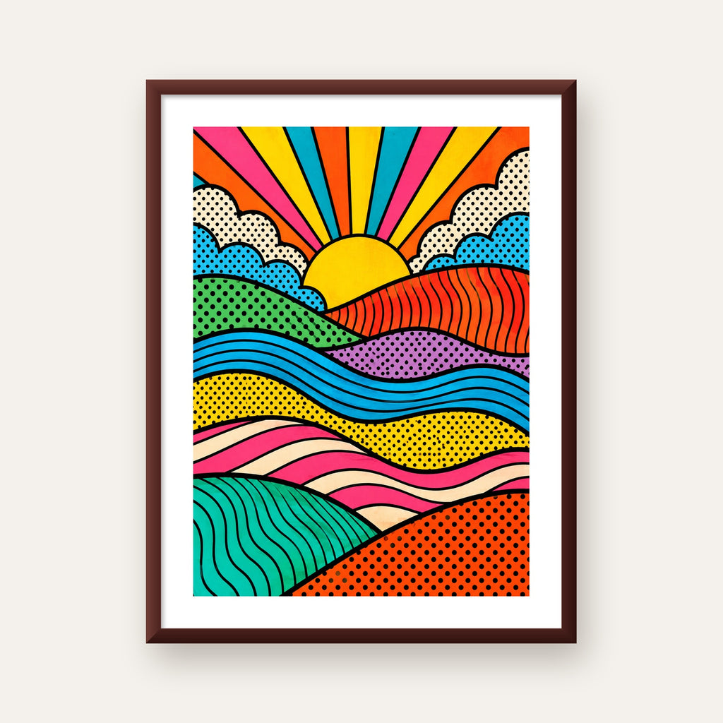 Pop Art Manzara ve Güneş Poster – Renkli Çizgi Roman Tasarım — ceviz çerçeveli paspartulu