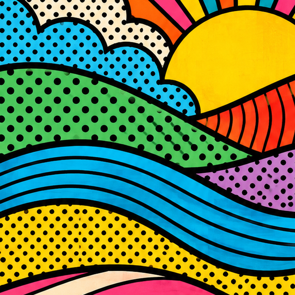 Pop Art Manzara ve Güneş Poster – Renkli Çizgi Roman Tasarım — baskının yakın çekimi, kâğıt dokusu ve renk detayı