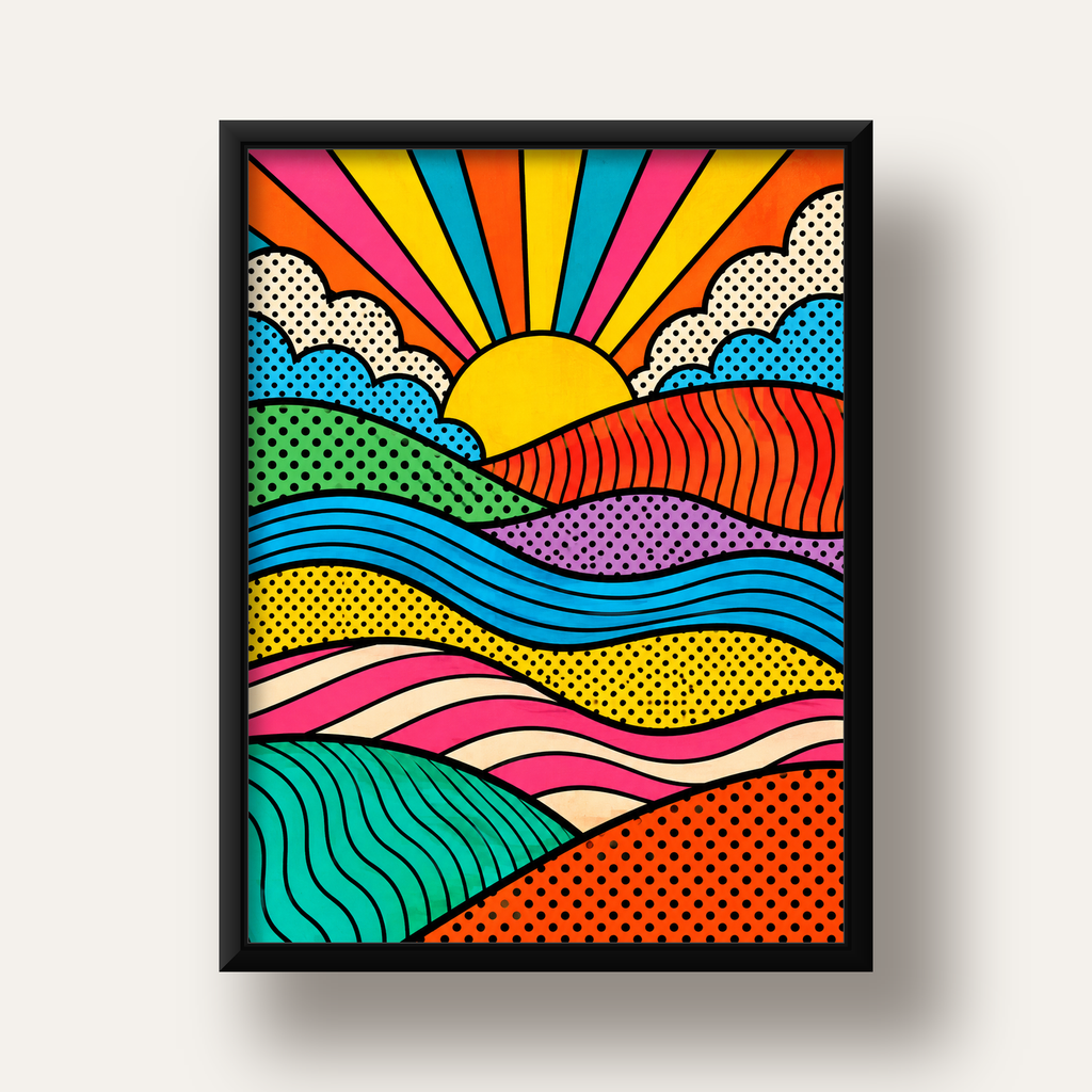 Pop Art Manzara ve Güneş Poster – Renkli Çizgi Roman Tasarım — siyah derin çerçeveli