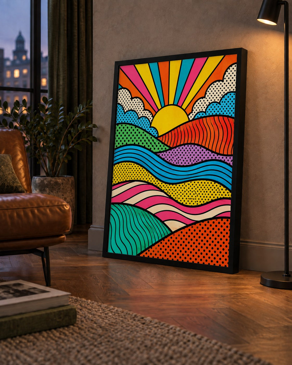 Pop Art Manzara ve Güneş Poster – Renkli Çizgi Roman Tasarım — çerçeveli hâliyle bir ev duvarında