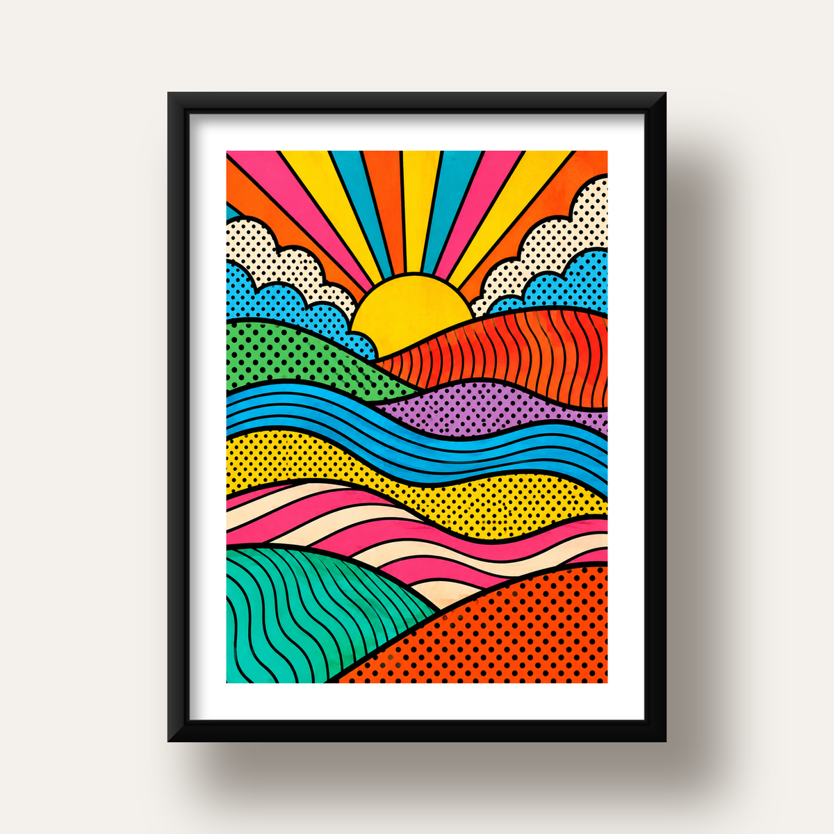 Pop Art Manzara ve Güneş Poster – Renkli Çizgi Roman Tasarım — siyah derin çerçeveli paspartulu