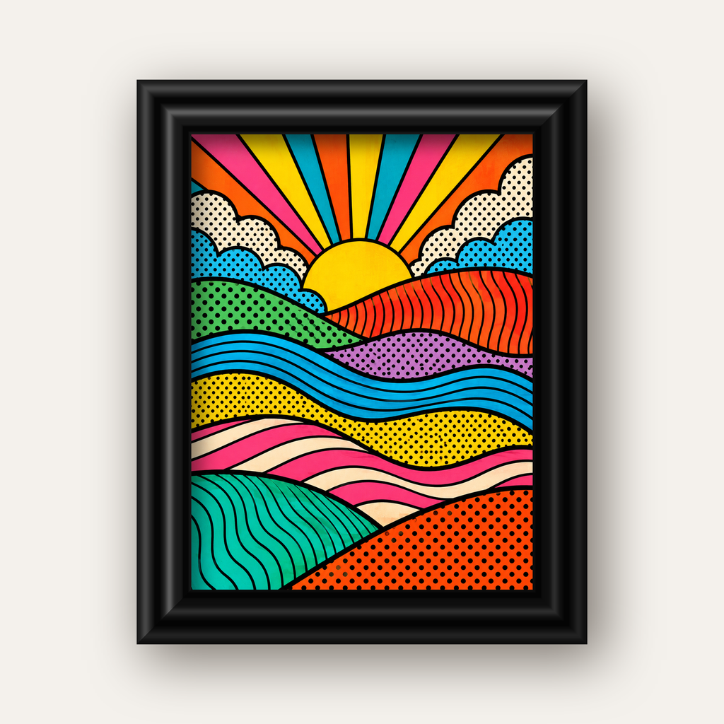Pop Art Manzara ve Güneş Poster – Renkli Çizgi Roman Tasarım — siyah galeri çerçeveli
