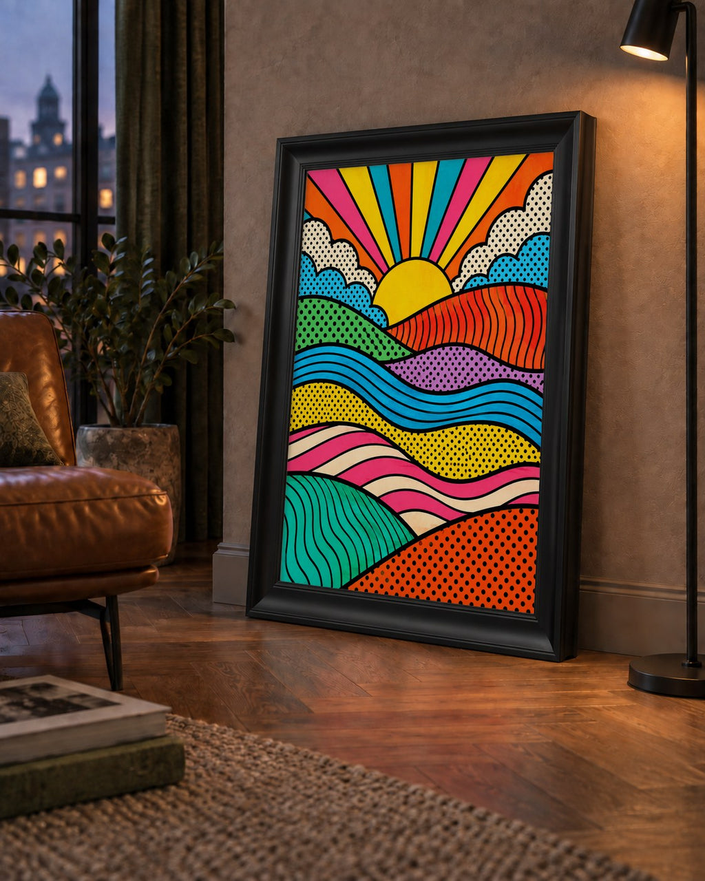 Pop Art Manzara ve Güneş Poster – Renkli Çizgi Roman Tasarım — çerçeveli hâliyle bir ev duvarında
