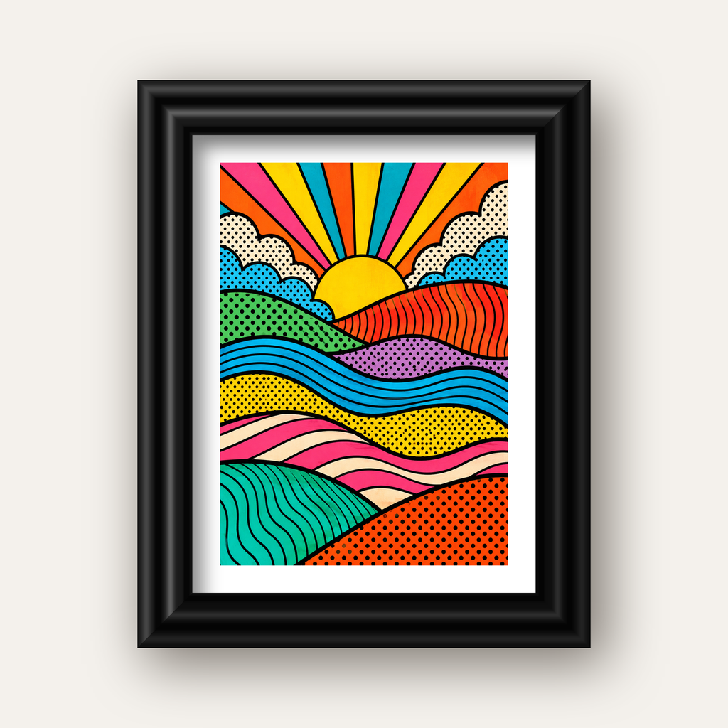 Pop Art Manzara ve Güneş Poster – Renkli Çizgi Roman Tasarım — siyah galeri çerçeveli paspartulu