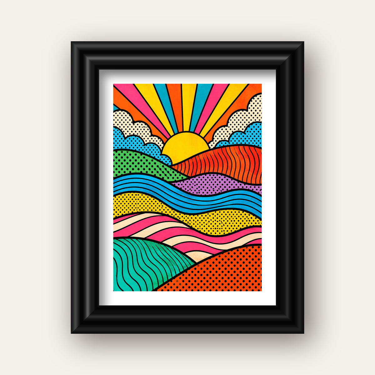 Pop Art Manzara ve Güneş Poster – Renkli Çizgi Roman Tasarım — siyah galeri çerçeveli paspartulu