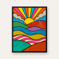 Pop Art Manzara ve Güneş Poster – Renkli Çizgi Roman Tasarım — Dikey baskı, düz siyah çerçeveli duvar posteri