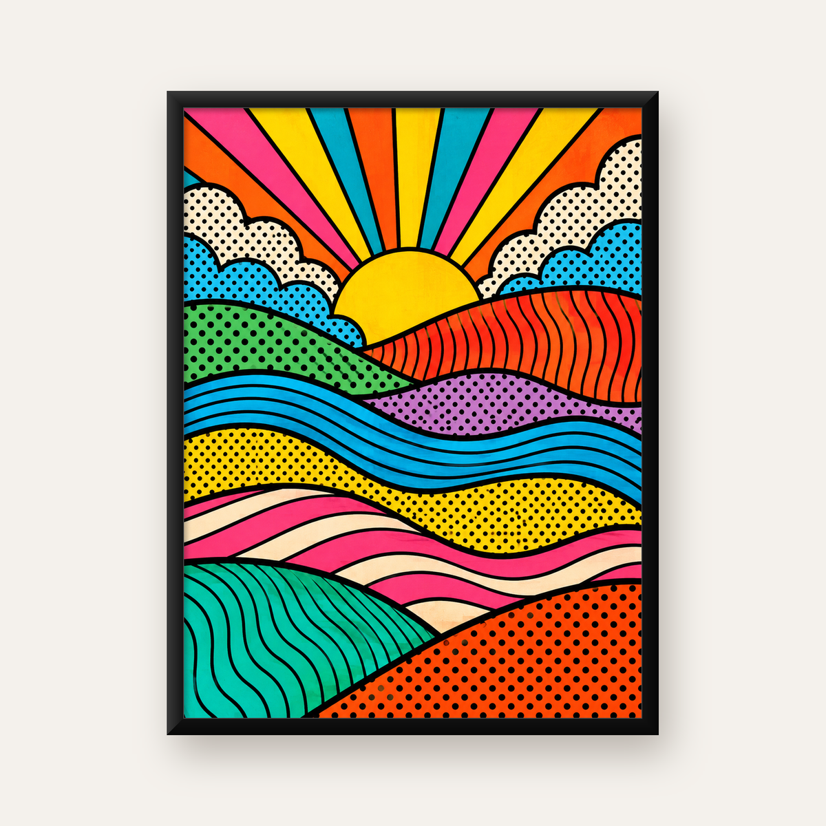 Pop Art Manzara ve Güneş Poster – Renkli Çizgi Roman Tasarım — Dikey baskı, düz siyah çerçeveli duvar posteri